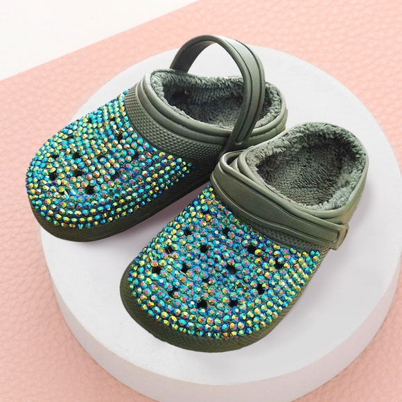 Green Bling Rhinestone Crystal Fur Slip On Croclike Slides Rubber Clogs Sandals - Picture 1 of 3